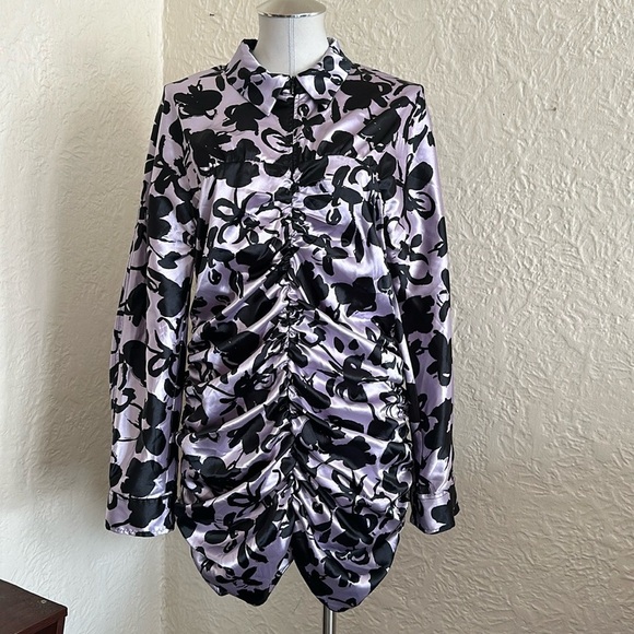 Zara The Dita Satin Ruched Long Sleeve Shirt Dress Lavender Black Floral XXL NWT - Picture 5 of 13
